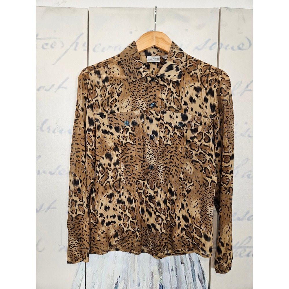 Chico's 100% Silk Button Down Blouse 0 (Small) Brown Leopard Print Top Mob Wife